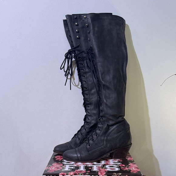Jeffrey Campbell Free People “Joe”Black Over the Knee Lace-Up Boots Sz 9 - Picture 1 of 15